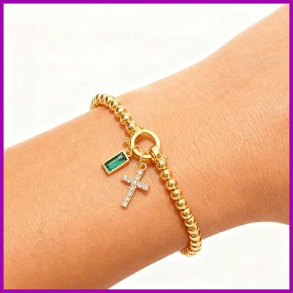 Gold Beaded Stretch Bracelet with Cross Charm and Birthstone - Picture 3 of 8